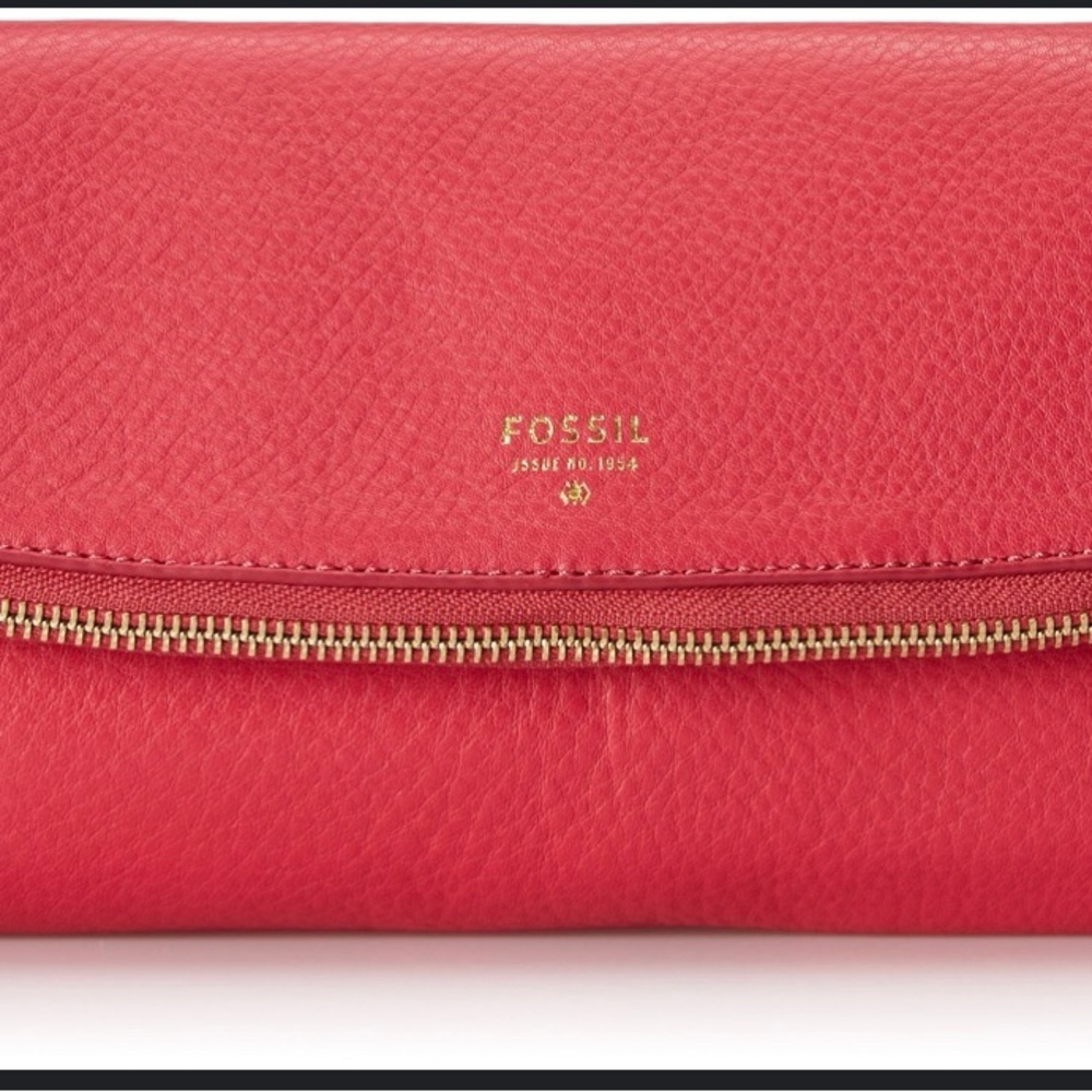 Fossil Red Clutch with Gold Zipper and Pebbled Leather